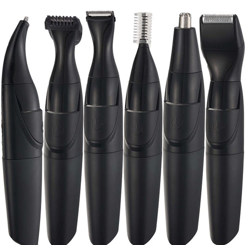 Black grooming kit with six interchangeable trimmer heads