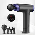 Grey massage gun with LCD display and four massage heads