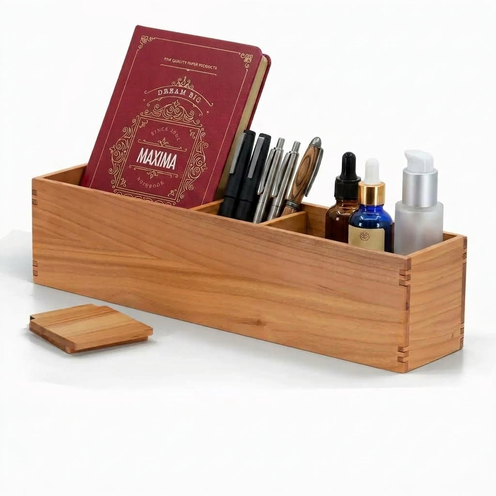 Solid Cherry Wood Desk Organizer with Removable Dividers