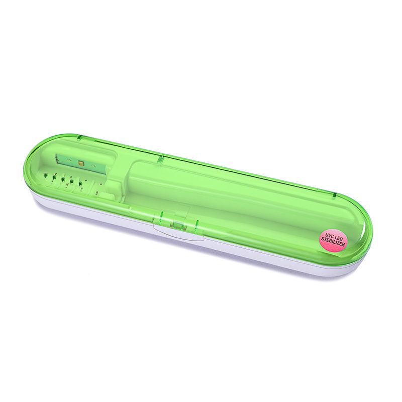 Green toothbrush travel case with UV light