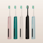 Sonic electric toothbrushes in five colours on a warm neutral background